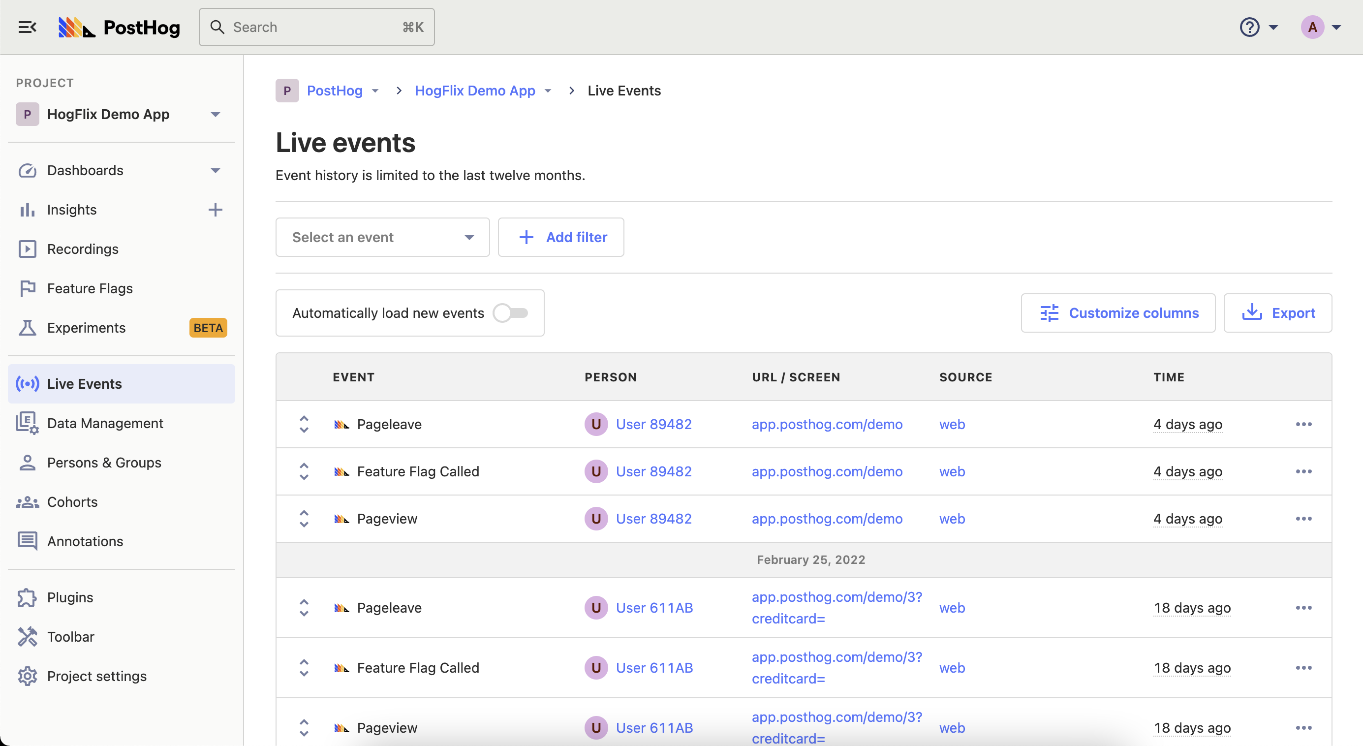 PostHog - live events tab